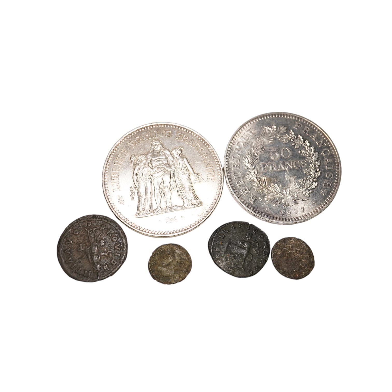 Two fifty Franc silver coins and four Roman AE coins. Condition - as per images
